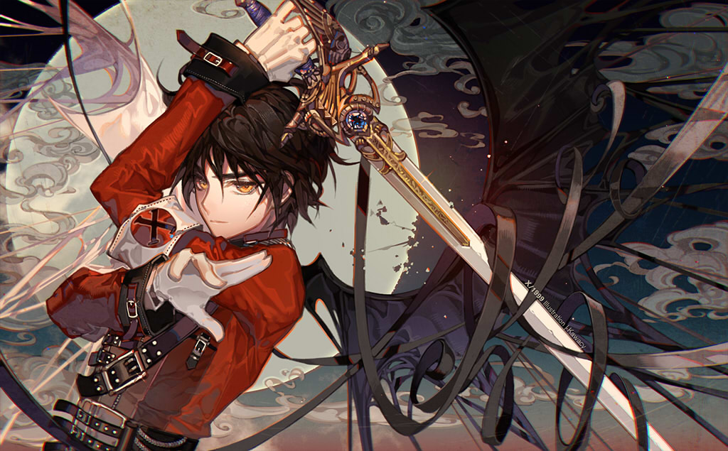 1boy, arm_up, armband, artist_name, bangs, bat_wings, black_hair, black_wings