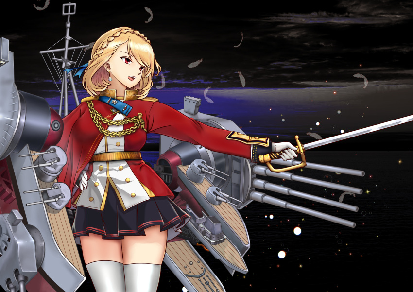 azur_lane, blonde_hair, braid, cape, chains, epaulettes, feathers, french_braid, gloves, hand_on_hip, highres, night_one, open_mouth, prince_of_wales_(azur_lane), red_eyes, rigging, short_hair, skindentation, skirt, sword, thigh-highs, thighs, turret, weapon, white_gloves, white_legwear, zettai_ryouiki