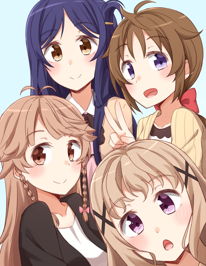 4girls, absurdres, bangs, black_jacket, blue_background, blue_hair, blush, bow