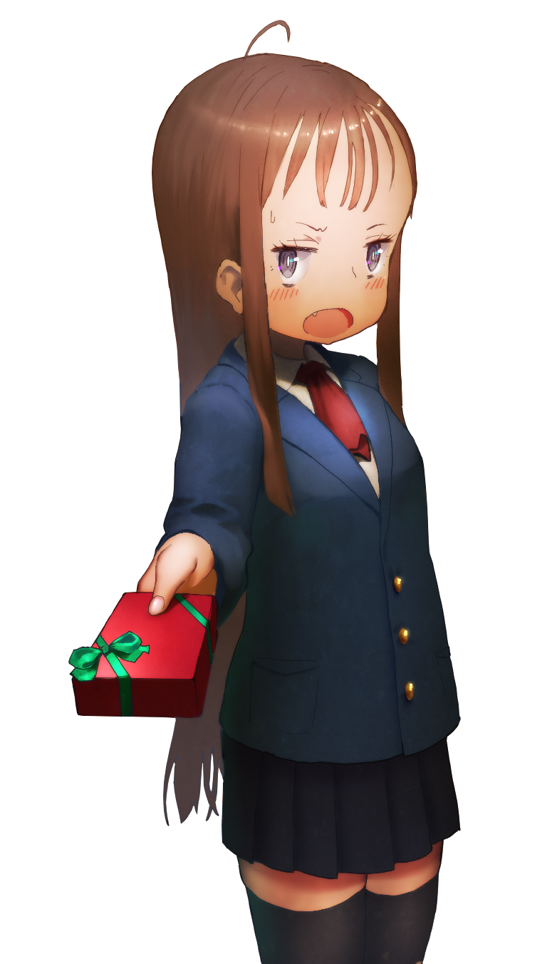 1boy, ahoge, black_legwear, blush, box, brown_hair, crossdressinging, fang, gift, gift_box, hasukawa_isaburou, highres, holding, holding_gift, looking_at_viewer, original, pleated_skirt, pov, school_uniform, skirt, solo, thigh-highs, trap, valentine, violet_eyes