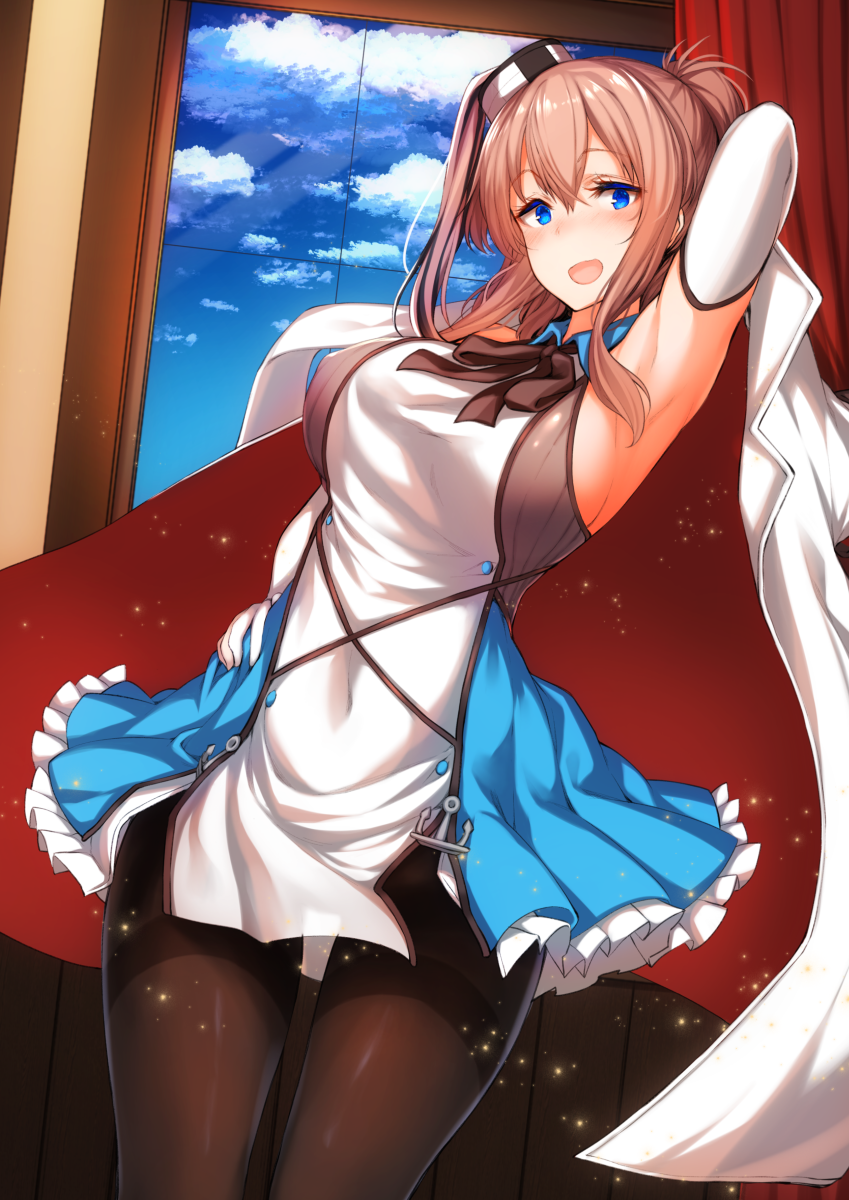 1girl, alternate_costume, anchor, armpits, blue_dress, blue_eyes, breasts, brown_hair