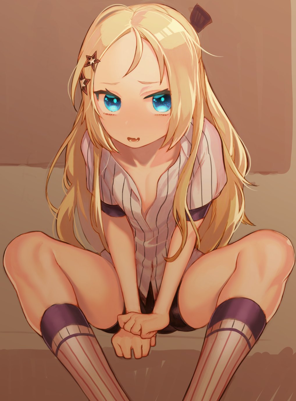 1girl, azur_lane, bike_shorts, blonde_hair, blue_eyes, bogue_(azur_lane), fang, hair_ornament