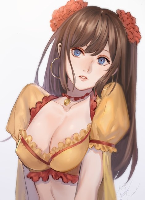 1girl, blue_eyes, breasts, brown_hair, choker, cleavage, collarbone, commentary_request