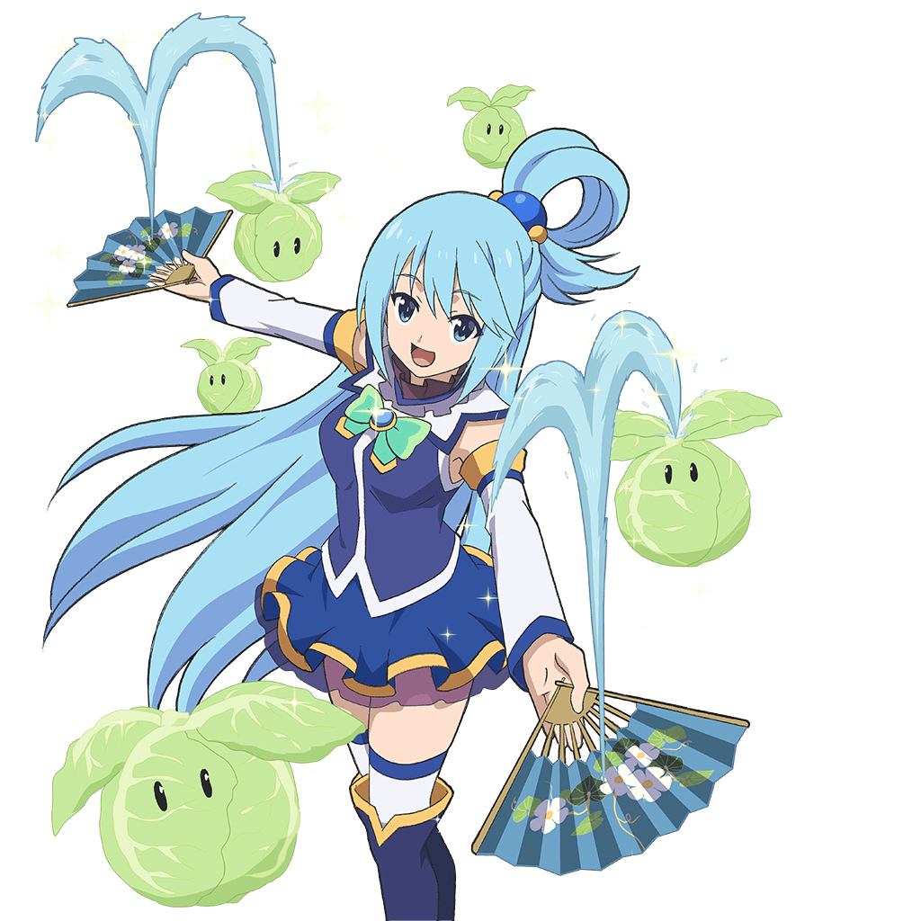 1girl, aqua_(konosuba), blue_eyes, blue_footwear, blue_hair, blue_legwear, blue_shirt, blue_skirt