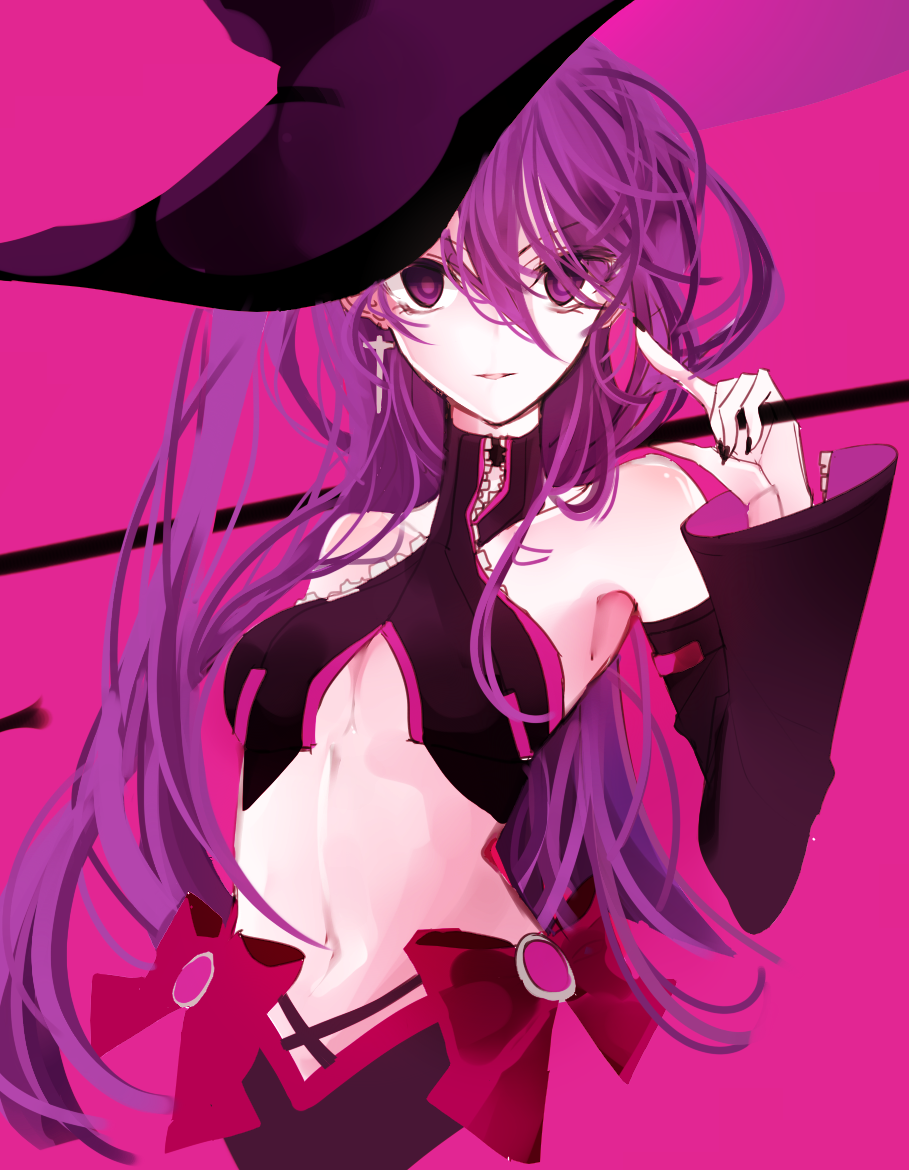1girl, aisha_(elsword), annlin, black_hat, black_nails, breasts, cleavage, collarbone