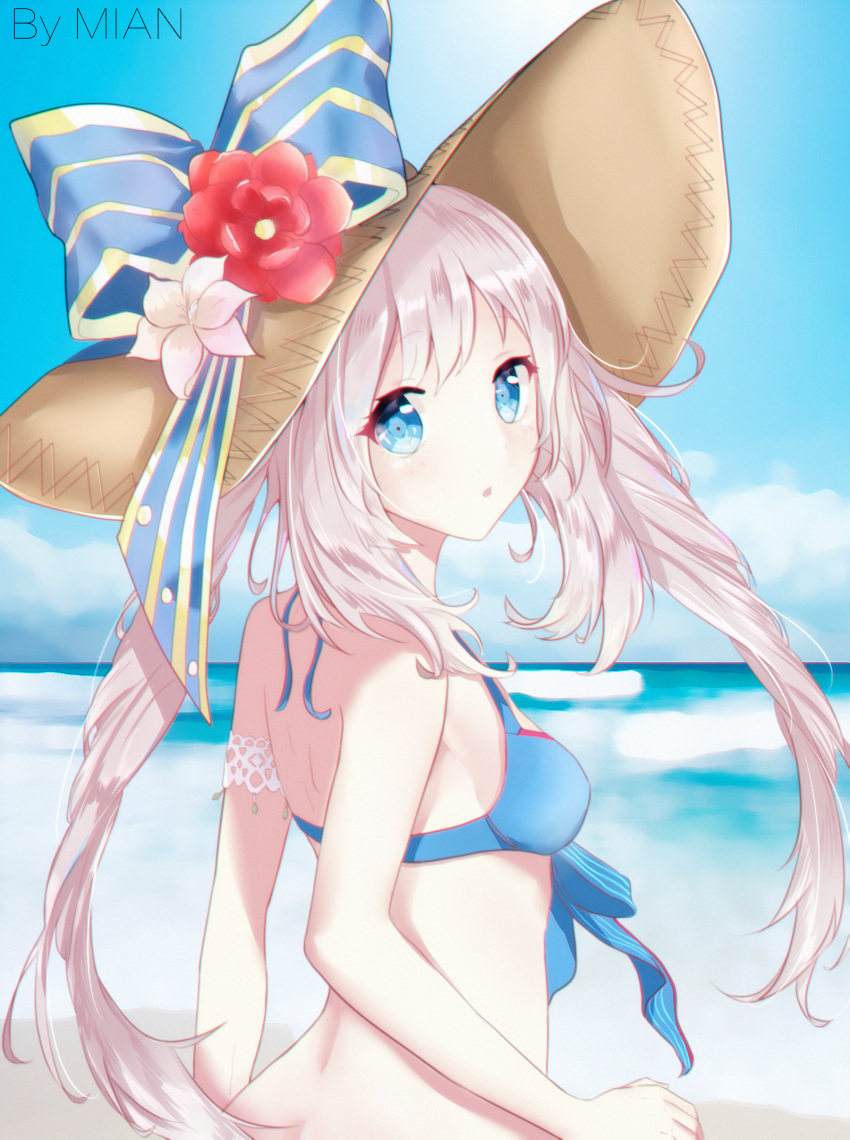 1girl, absurdres, arm_strap, artist_name, beach, blue_bikini_top, blue_bow, blue_eyes