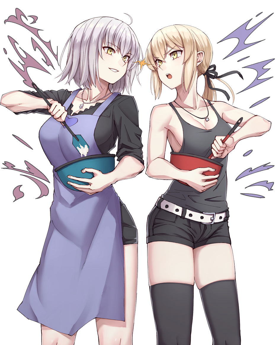 2girls, :o, ahoge, artoria_pendragon_(all), bangs, bare_back, bare_shoulders, belt