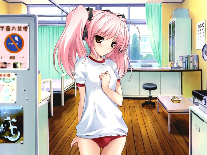 choukou_sennin_haruka, clinic, game_cg, gym_uniform, jpeg_artifacts, long_hair, nurse_office, onigirikun