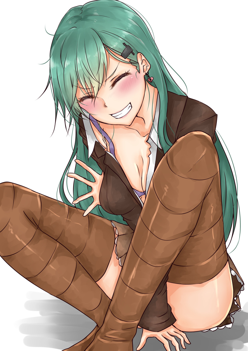 1girl, absurdres, aqua_hair, ascot, bra, breasts, brown_legwear, brown_skirt