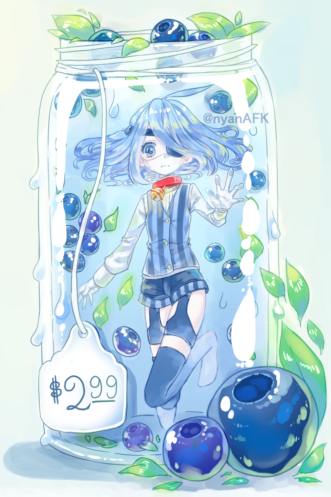 1girl, arm_up, artist_name, bell, bell_collar, blue_eyepatch, blue_eyes, blue_hair