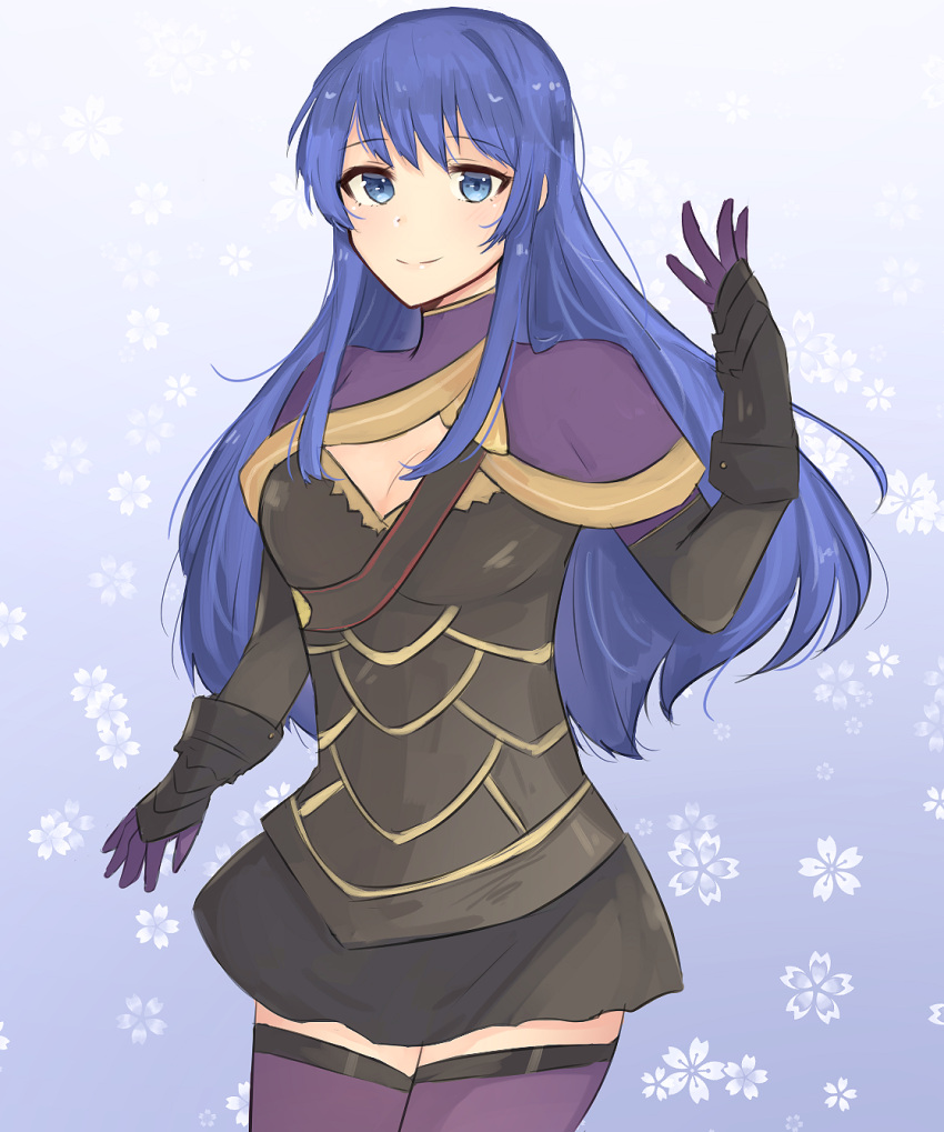 1girl, adapted_costume, armor, azur_(pixiv_id_30192894), black_armor, black_skirt, blue_eyes, blue_hair, breasts, caeda_(fire_emblem), camilla_(fire_emblem_if), camilla_(fire_emblem_if)_(cosplay), capelet, cleavage, cosplay, cute, fire_emblem, fire_emblem:_mystery_of_the_emblem, fire_emblem_fates, fire_emblem_if, fire_emblem_mystery_of_the_emblem, gloves, highres, intelligent_systems, long_hair, moe, nintendo, parted_lips, sheeda, skirt, smile, solo, thigh-highs, zettai_ryouiki