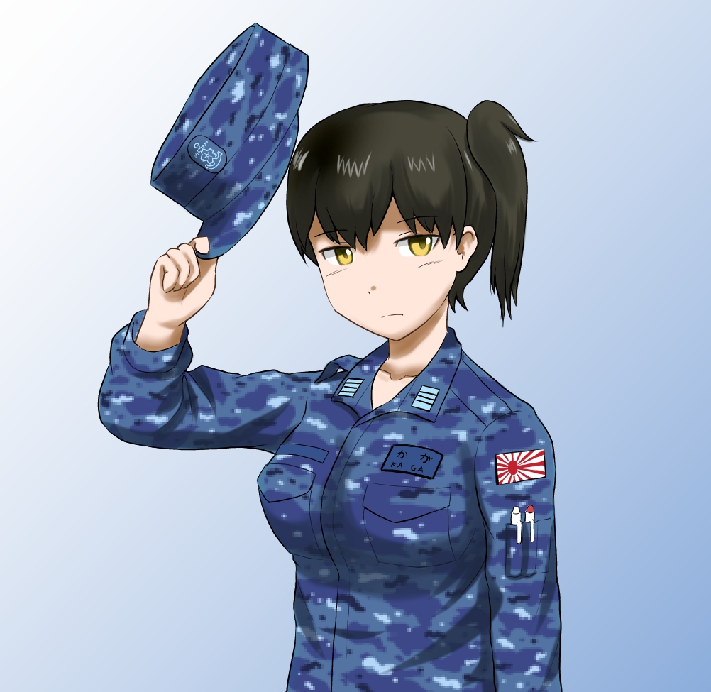 1girl, alternate_costume, black_hair, blue_background, camouflage, gradient, gradient_background, hat
