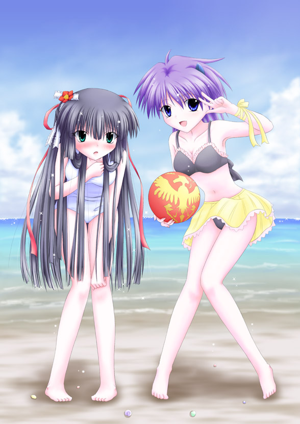 almo, ball, barefoot, beach, beachball, bikini, black_hair, blue_eyes