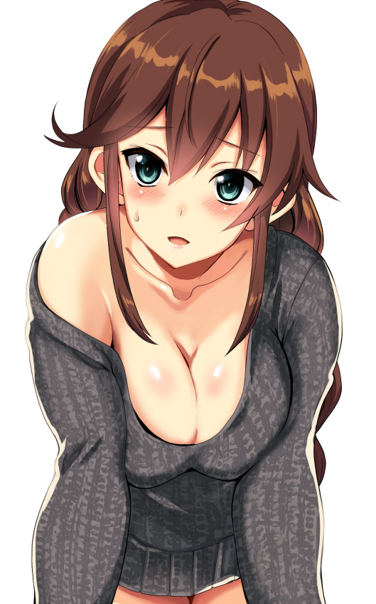 1girl, bare_shoulders, blush, breasts, brown_hair, cleavage, collarbone, eyebrows_visible_through_hair