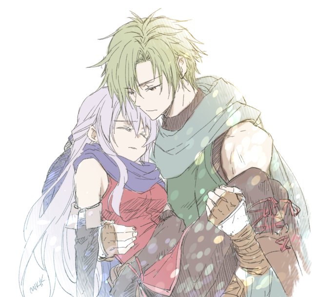 1boy, 1girl, angry, bare_shoulders, black_gloves, blue_scarf, closed_eyes, dress