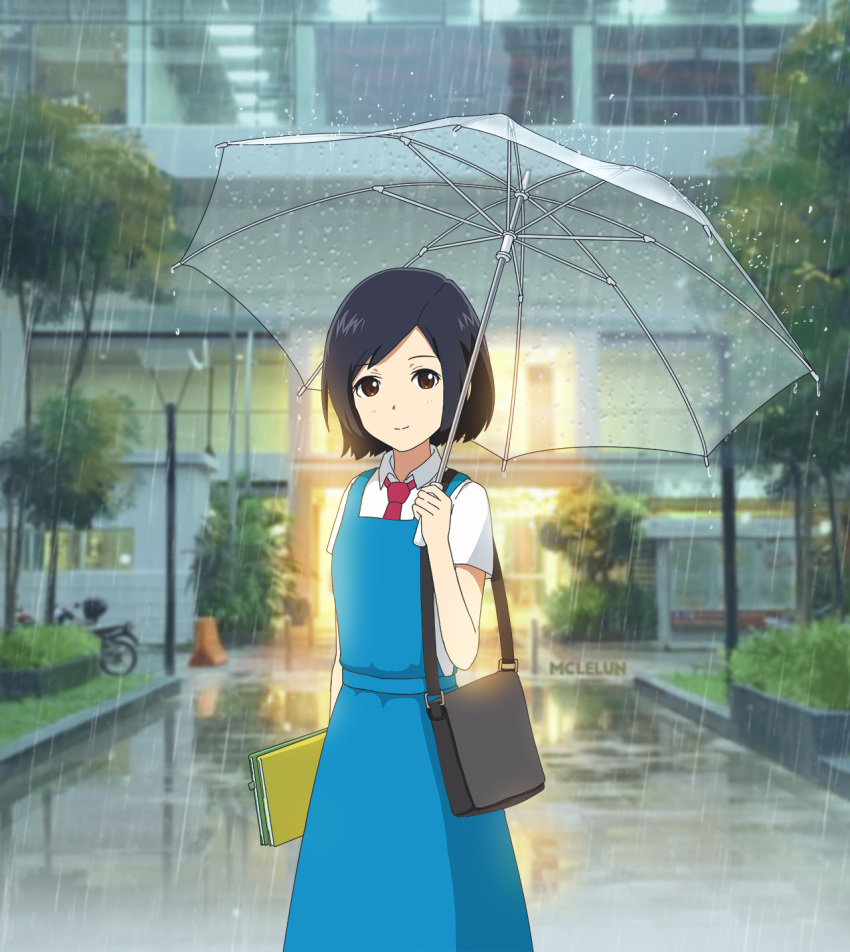 1girl, artist_name, bag, black_hair, blue_dress, blurry, blurry_background, brown_eyes