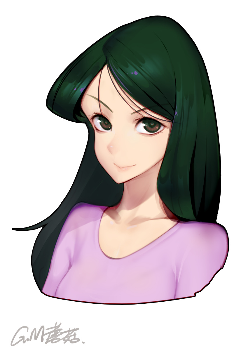 >:), 1girl, absurdres, brown_eyes, closed_mouth, commentary_request, crayon_shin-chan, gorgeous_mushroom, green_hair, highres, long_hair, looking_at_viewer, matsuzaka_ume, purple_sweater, revision, signature, simple_background, smile, solo, v-shaped_eyebrows, white_background