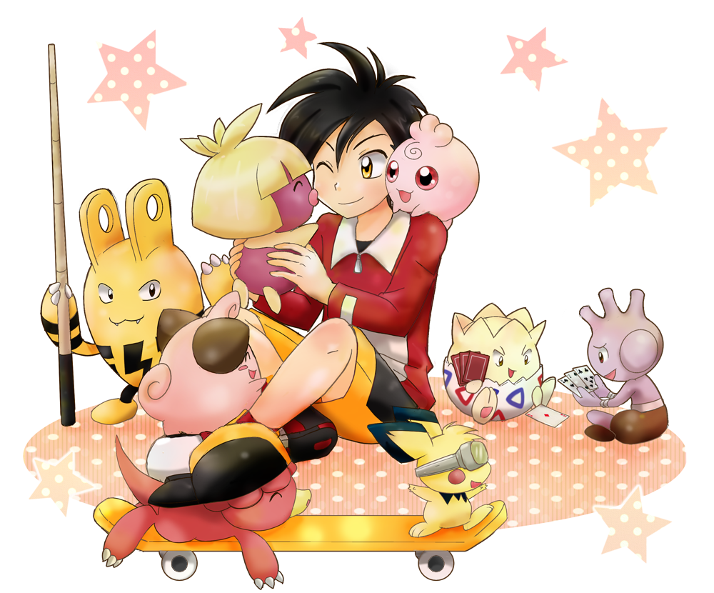 1boy, baby_pokemon, black_hair, blonde_hair, card, chikorita85, collared_shirt, creature