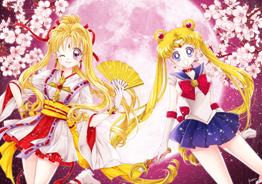 2girls, :d, bangs, bishoujo_senshi_sailor_moon, blonde_hair, blue_eyes, blue_sailor_collar, blue_skirt