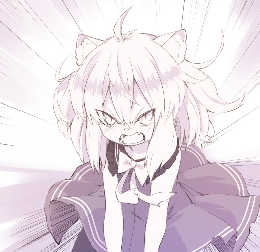 1girl, angry, animal_ears, black_dress, black_legwear, cat_ears, dress, fang