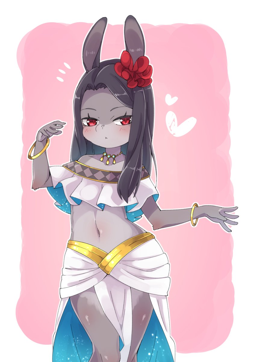 1girl, :<, animal_ears, arm_up, black_hair, bracelet, dancer, furry