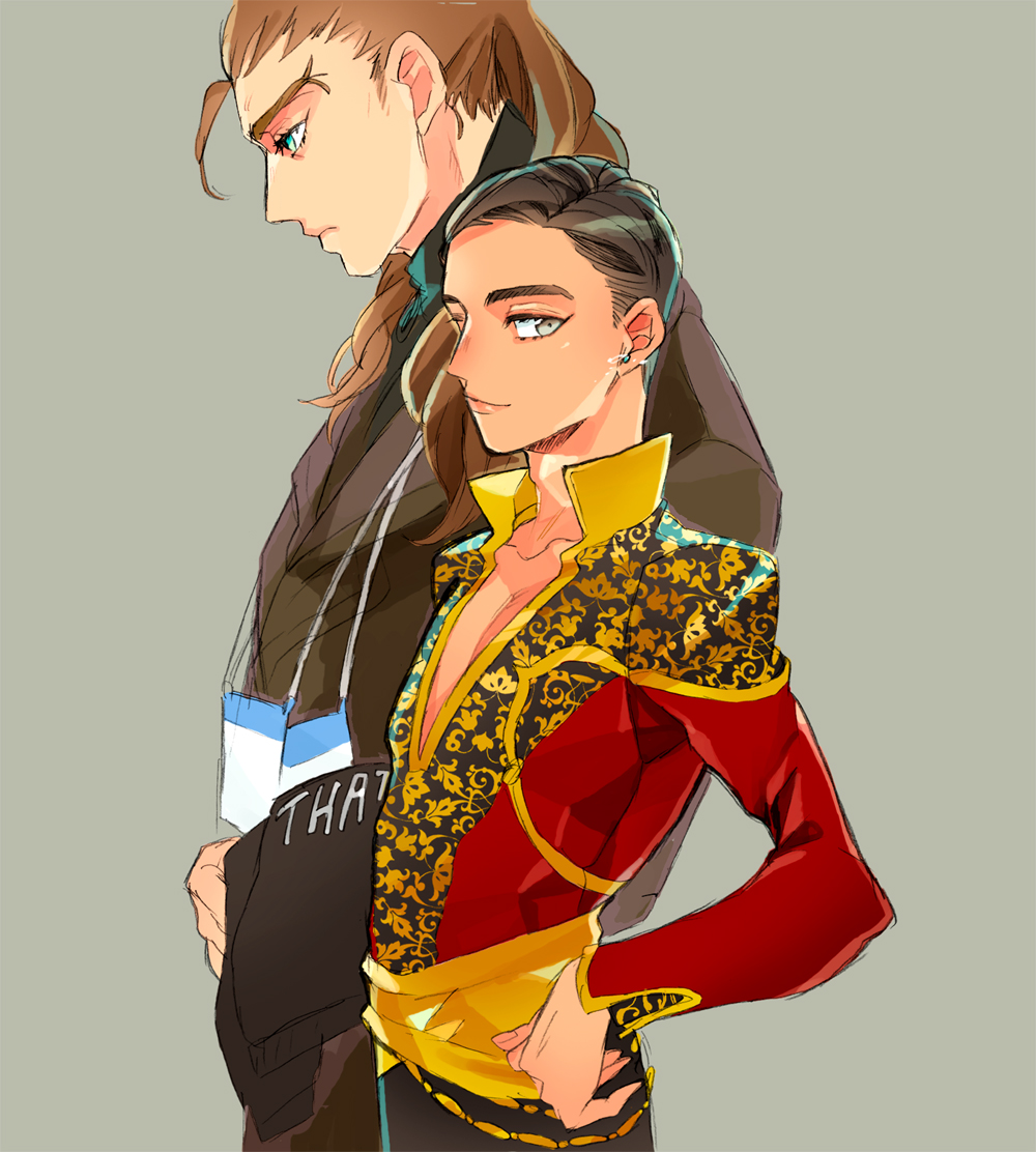 2boys, black_hair, blazer, blue_eyes, brown_hair, celestino_cialdini, grey_eyes, hair_slicked_back