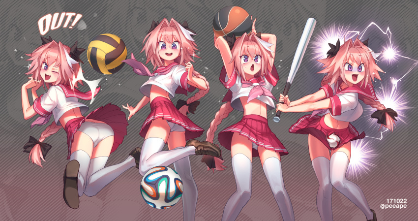 1boy, astolfo_(fate), baseball, basketball, black_bow, black_ribbon, bow, braid