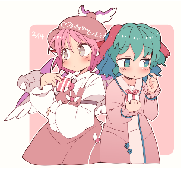 2girls, animal_ears, blush, bow, bowtie, brown_hat, character_name, choujuu_gigaku