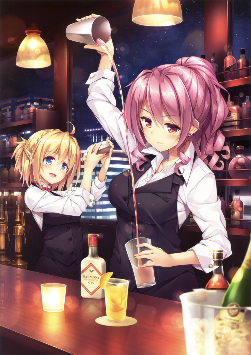 2girls, absurdres, ahoge, akizora_momiji, arms_up, bangs, black_vest, blonde_hair