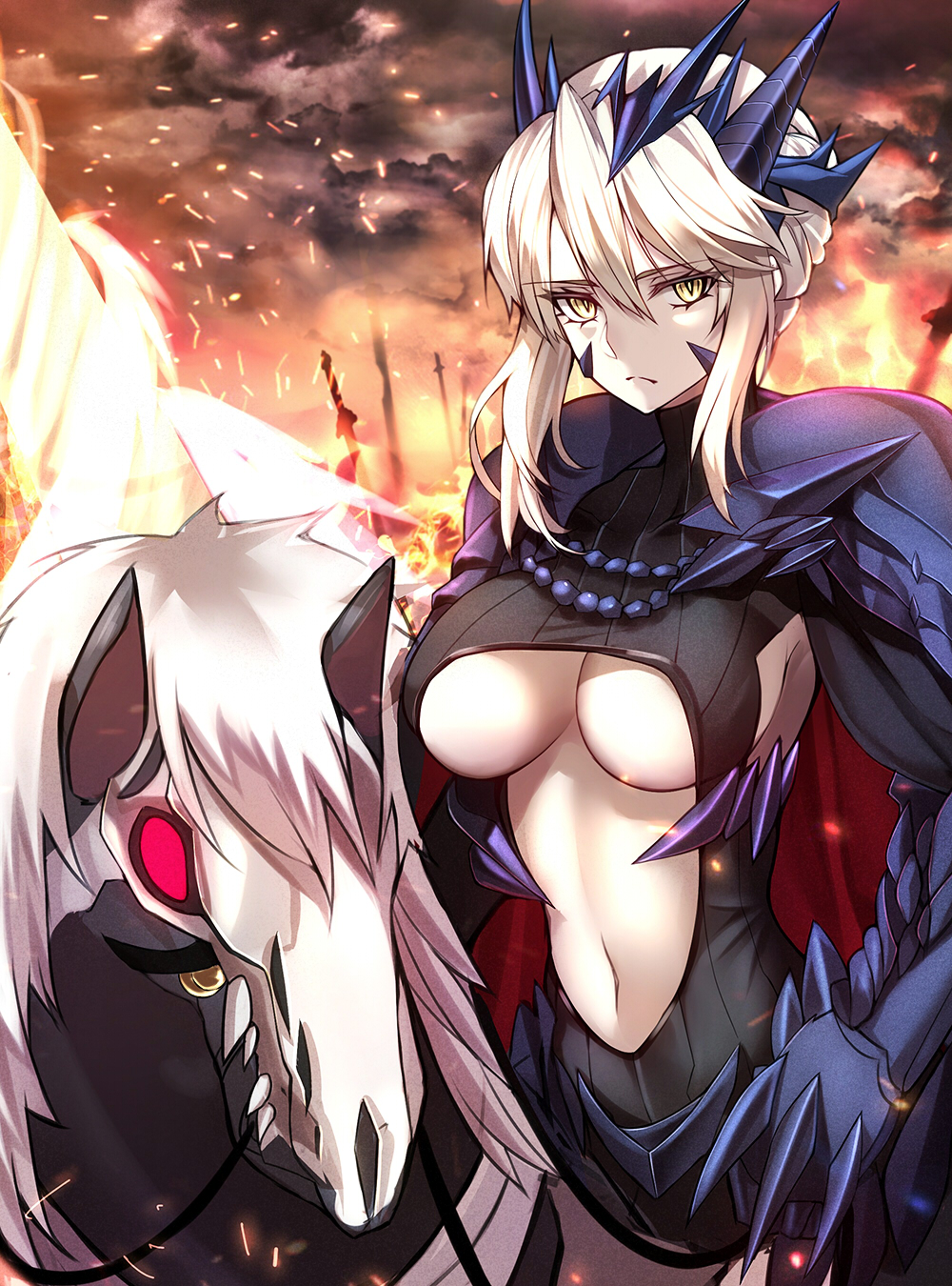 1girl, armor, artoria_pendragon_(all), artoria_pendragon_(lancer_alter), bangs, black_leotard, blue_armor, braid