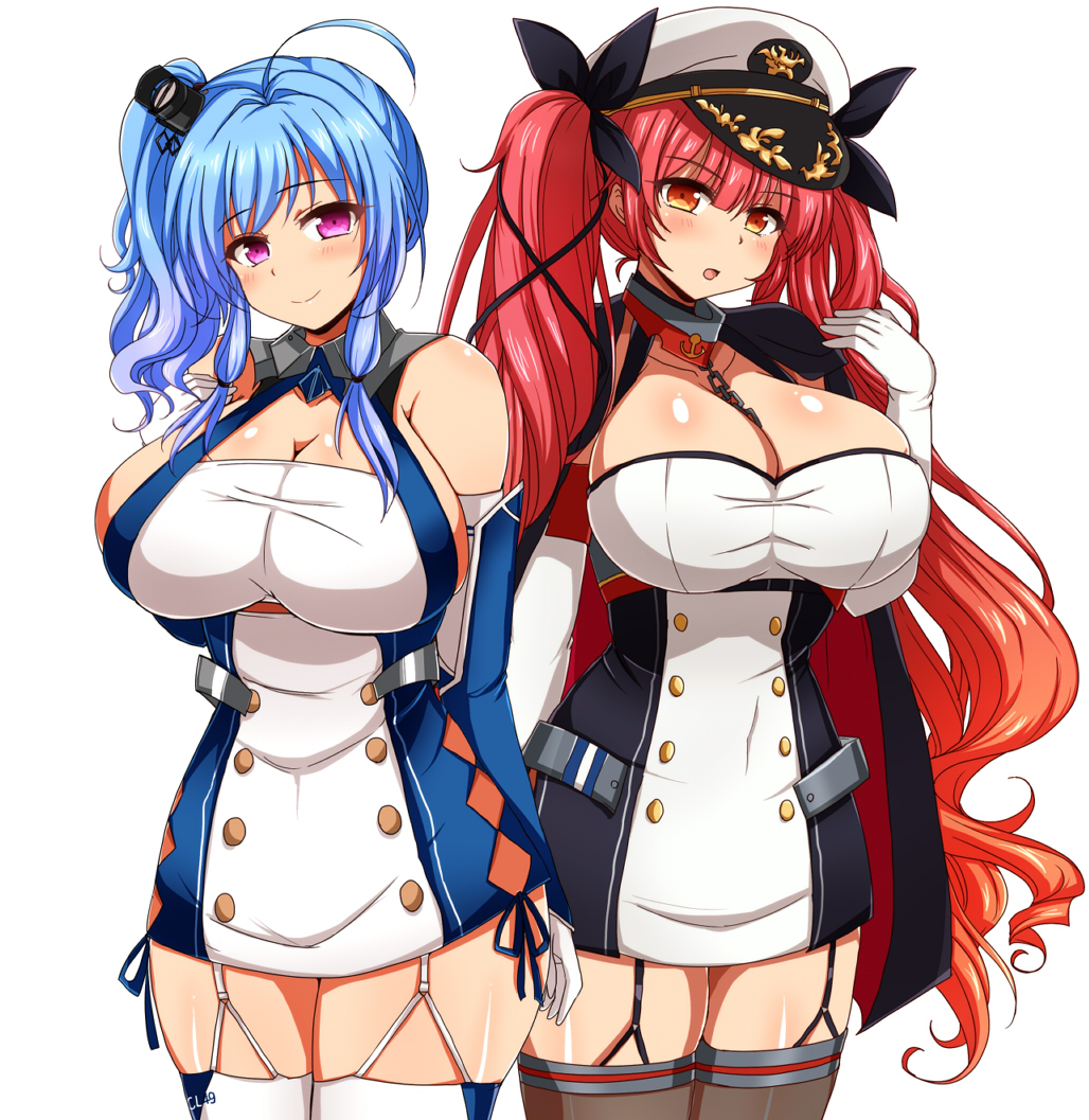 2girls, :o, afuro, ahoge, arm_guards, arms_behind_back, azur_lane, bangs, barefoot, between_breasts, black_cape, black_ribbon, blunt_bangs, blush, breasts, brown_legwear, cape, chains, cleavage, cleavage_cutout, closed_mouth, collar, covered_navel, cowboy_shot, double-breasted, dress, elbow_gloves, eyebrows_visible_through_hair, garter_straps, gloves, hair_ribbon, hand_on_own_chest, hand_up, hat, head_tilt, honolulu_(azur_lane), huge_breasts, long_hair, looking_at_viewer, microdress, multiple_girls, open_mouth, orange_eyes, peaked_cap, pink_eyes, redhead, ribbon, shiny, shiny_skin, side_ponytail, sidelocks, simple_background, skindentation, sleeveless, sleeveless_dress, smile, st._louis_(azur_lane), standing, thigh-highs, twintails, very_long_hair, wavy_hair, white_background, white_dress, white_gloves, white_hat, white_legwear, zettai_ryouiki