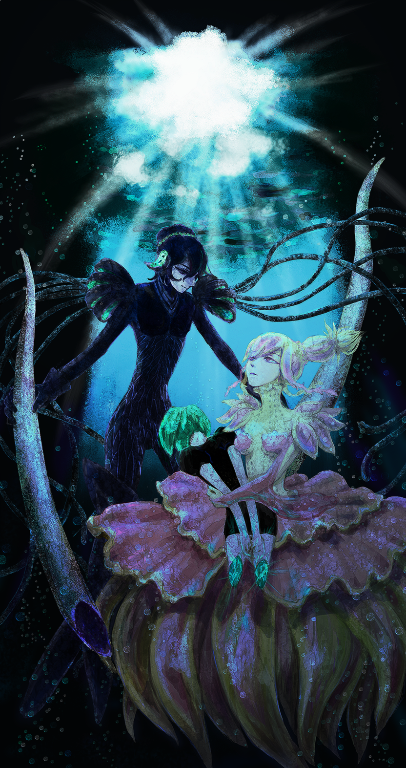 1boy, 1girl, aculeatus, androgynous, black_eyes, black_hair, broken, brother_and_sister