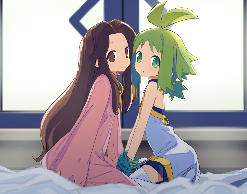 2girls, abe_kanari, ahoge, bare_shoulders, brown_dress, brown_eyes, brown_hair, castille_(phantom_brave), dress, face-to-face, green_eyes, green_hair, long_hair, marona_(phantom_brave), multiple_girls, phantom_brave, ponytail, sitting, smile, thigh-highs, white_dress, white_legwear