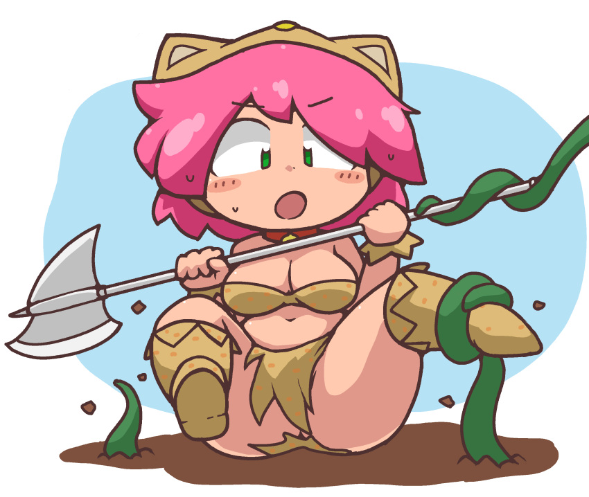 1girl, :o, absurdres, animal_hood, axe, bangs, bare_shoulders, battle_axe