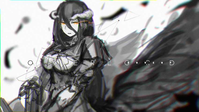 1girl, albedo, bare_shoulders, black_dress, black_gloves, black_hair, black_wings, breasts
