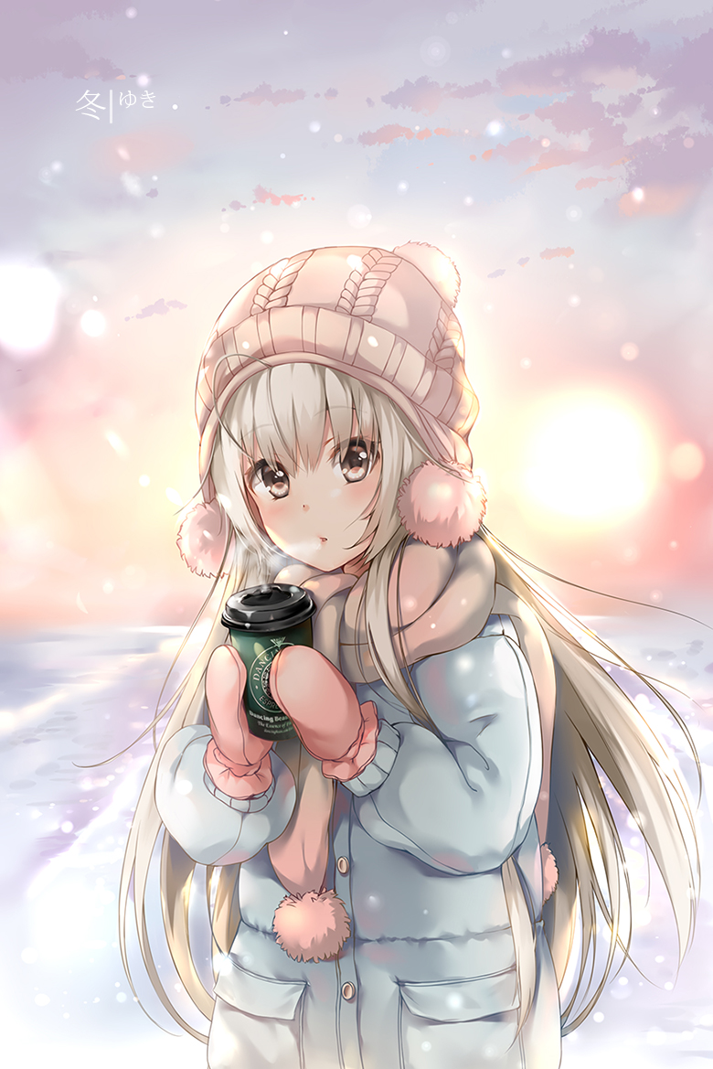 1girl, ahoge, backlighting, beanie, blonde_hair, blue_coat, blush, breasts