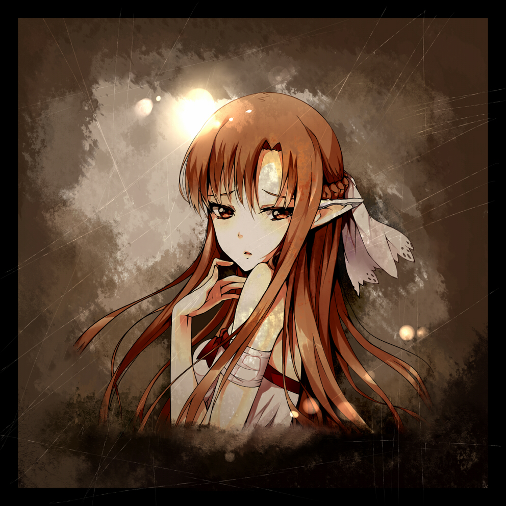1girl, arm_strap, asuna_(sao), backlighting, bangs, bare_shoulders, braid, breasts