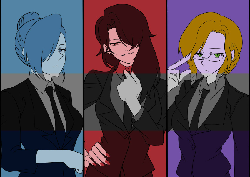 3girls, absurdres, artist_request, cinder_fall, color_connection, commentary_request, formal, glasses