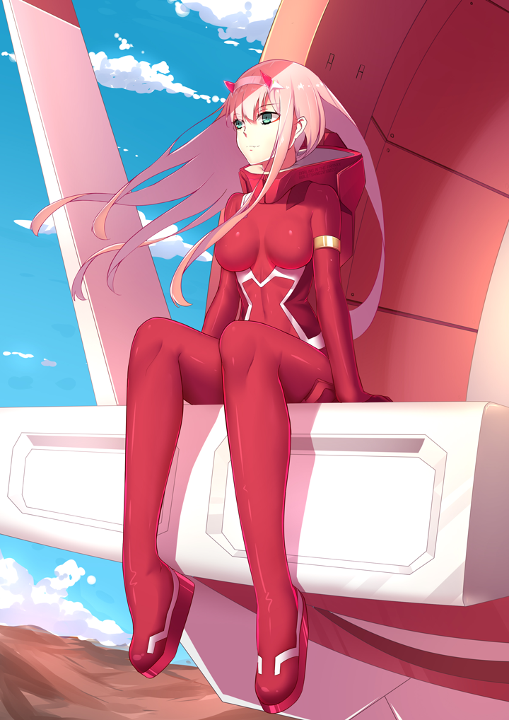 1girl, armlet, bangs, blue_sky, bodysuit, breasts, closed_mouth, covered_navel