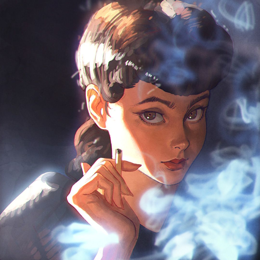 1girl, between_fingers, blade_runner, brown_eyes, brown_hair, cigarette, face, ilya_kuvshinov