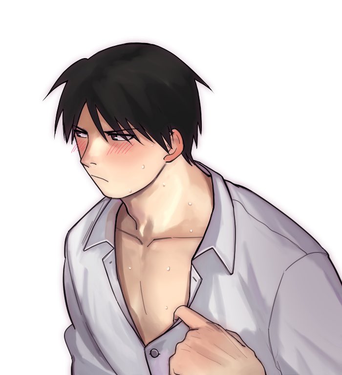 1boy, bare_chest, black_eyes, black_hair, black_shirt, blush, doya, eyebrows_visible_through_hair