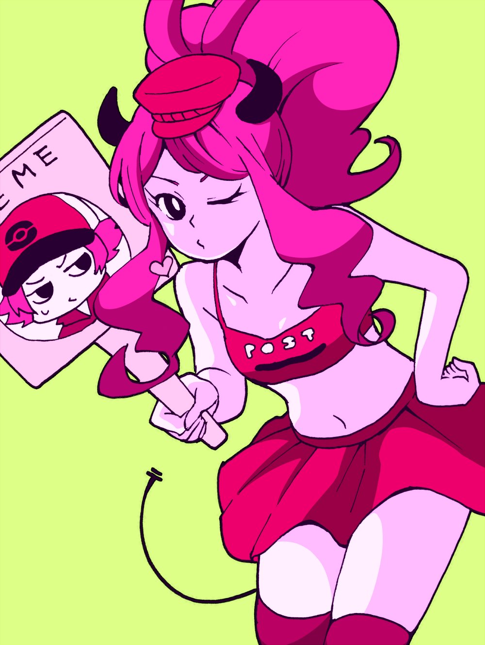 1boy, 1girl, ;(, cosplay, demon_horns, demon_tail, green_background, heart, highres, horns, koakuma_post, koakuma_post_(cosplay), long_hair, pokemon, pokemon_(game), pokemon_bw, ponytail, sign, simple_background, sweatdrop, tail, touko_(pokemon), touya_(pokemon), valentine_post, wavy_hair