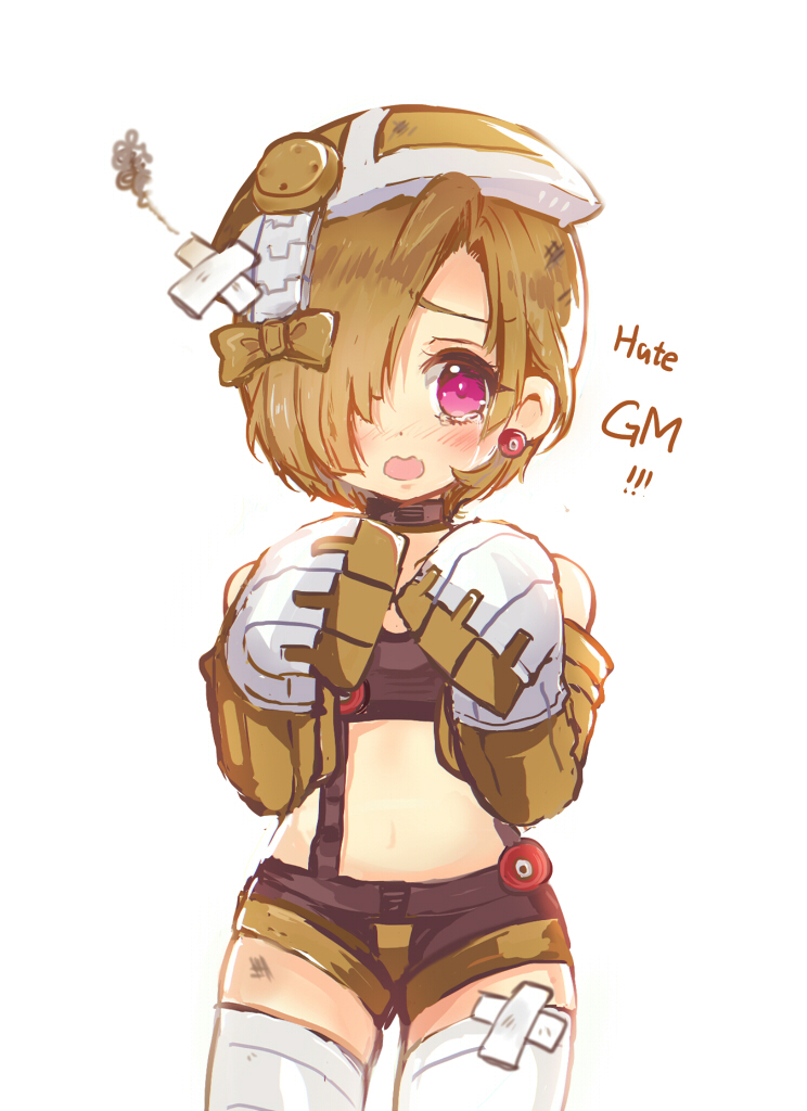 1girl, bangs, bare_shoulders, black_shorts, blush, brown_hair, commentary_request, crossed_bandaids