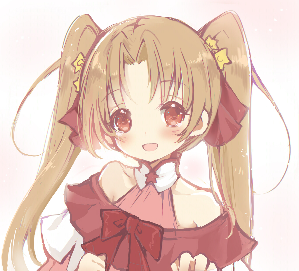 1girl, :d, bangs, bare_shoulders, blush, bow, crying, crying_with_eyes_open