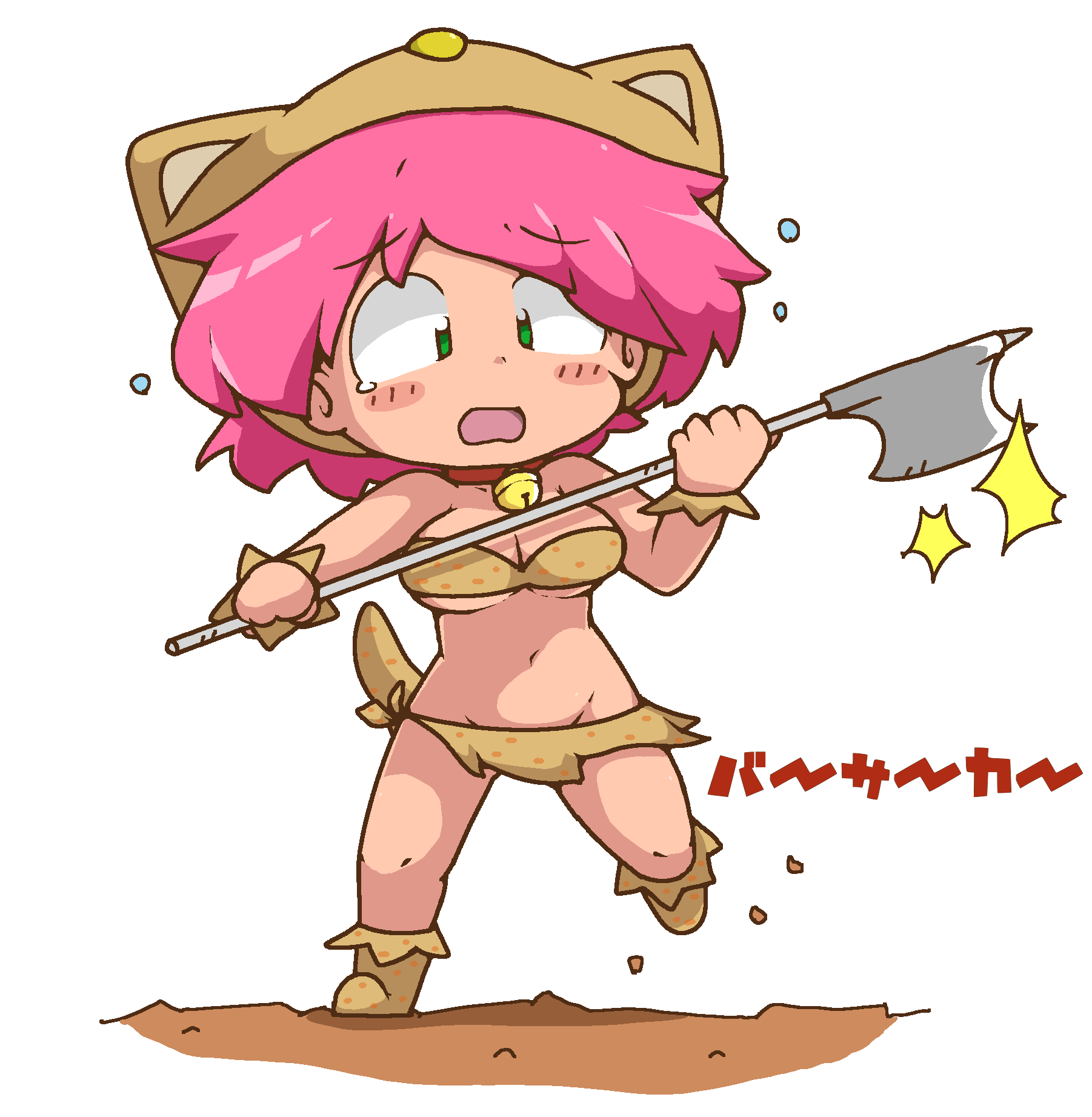 1girl, animal_hood, axe, bandeau, bangs, bare_arms, battle_axe, bell, bell_collar, berserker_(final_fantasy), blush, boots, breasts, brown_footwear, brown_skirt, cat_hood, cat_tail, cleavage, collar, eyebrows, eyebrows_visible_through_hair, fake_tail, final_fantasy, final_fantasy_v, full_body, green_eyes, groin, highres, holding, holding_axe, holding_weapon, hood, hood_up, jingle_bell, kuto_tubuyaki, leg_up, legs_apart, lenna_charlotte_tycoon, miniskirt, navel, open_mouth, pink_hair, red_collar, short_hair, side-tie_skirt, simple_background, skirt, solo, standing, standing_on_one_leg, stomach, tail, tears, under_boob, weapon, white_background