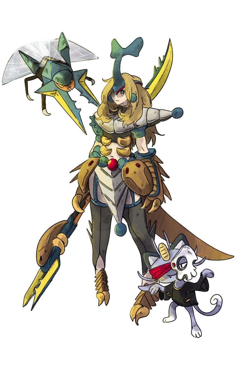 alolan_meowth, brown_hair, heracross, highres, mask, monster_hunter, pokemon, pokemon_(creature), polearm, spear, standing, traceysketchit, vikavolt, weapon