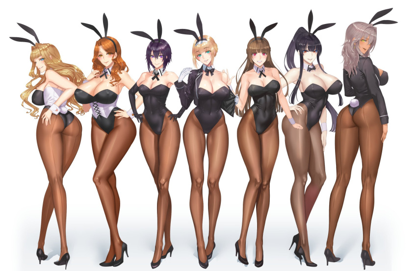 6+girls, animal_ears, aqua_eyes, ass, bangs, bare_shoulders, black_gloves, black_hair, black_leotard, blonde_hair, blue_eyes, breasts, brown_eyes, brown_hair, bunny_tail, bunnysuit, cleavage, collarbone, commentary_request, covered_navel, cropped_jacket, daglasses, damegane, dark_skin, detached_sleeves, elbow_gloves, erect_nipples, eyebrows_visible_through_hair, fake_animal_ears, full_body, gloves, grey_hair, hand_on_hip, high_heels, highres, jacket, large_breasts, leotard, long_hair, looking_at_viewer, multiple_girls, open_clothes, open_jacket, original, pale_skin, pantyhose, purple_hair, rabbit_ears, red_eyes, short_hair, simple_background, smile, standing, strapless, strapless_leotard, tail, violet_eyes, white_background, white_gloves, wrist_cuffs, yellow_eyes