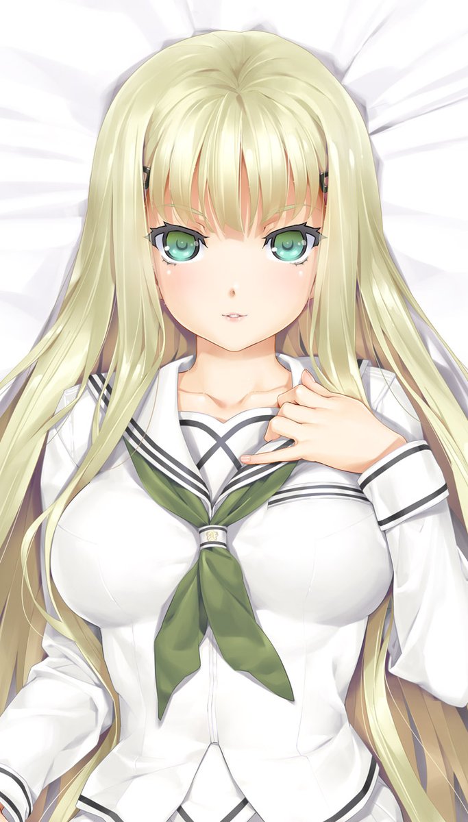 1girl, bangs, bishoujo_mangekyou, blonde_hair, blush, breasts, collarbone, green_eyes