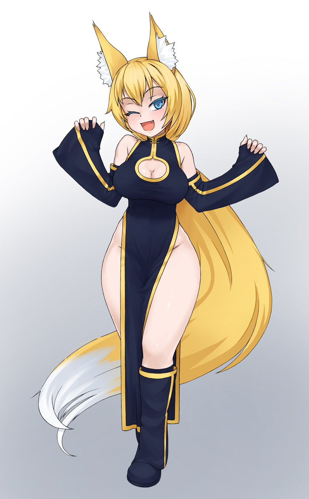 1girl, ;d, absurdly_long_hair, alice_(flanaki), animal_ears, asanagi_(style), bare_shoulders, blonde_hair