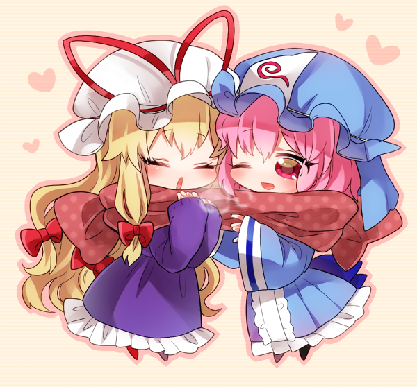 2girls, bangs, blonde_hair, blush, bow, breath, chibi, closed_eyes